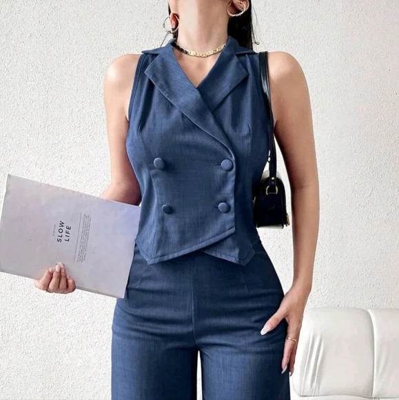 Women's Elegant Solid Color Double Breasted Vest And Pants Suit Set - Picture 1 of 8